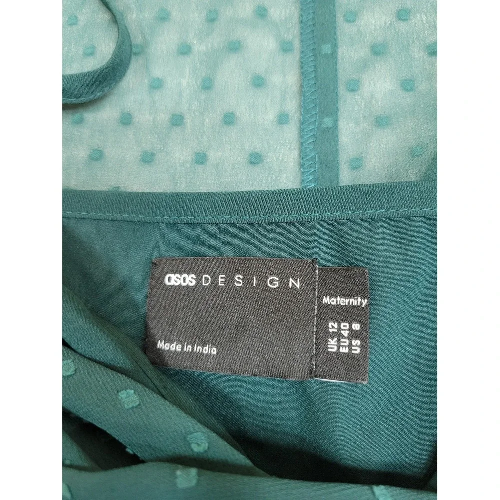 ASOS Design Maternity Dress US 8 Teal Swiss Dot Chiffon Long Sleeve Midi